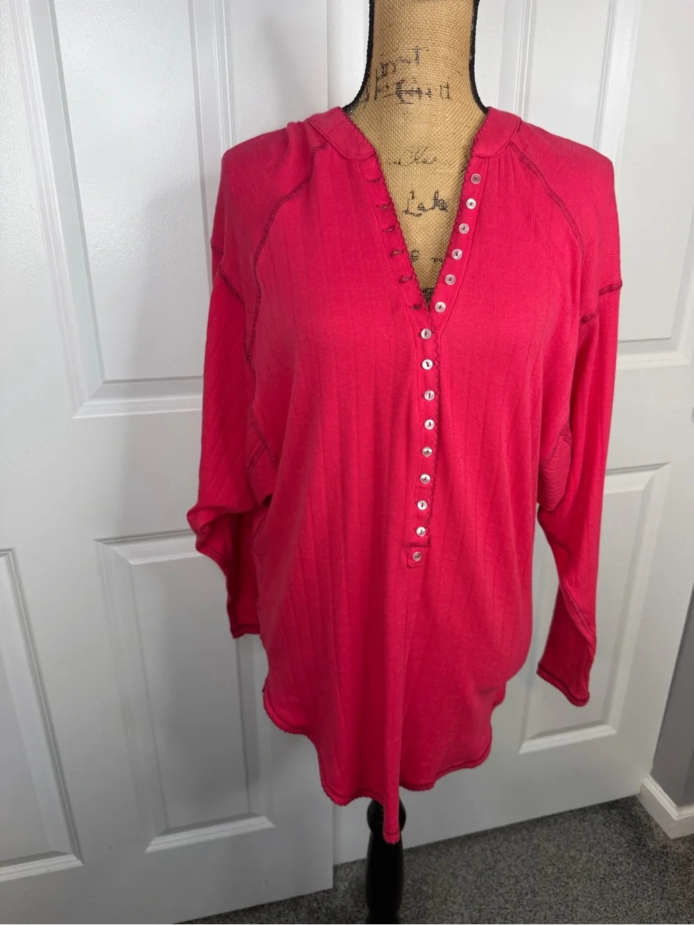 Free People XS Pink Pointelle Henley Tunic Top NWT Cotton Blend